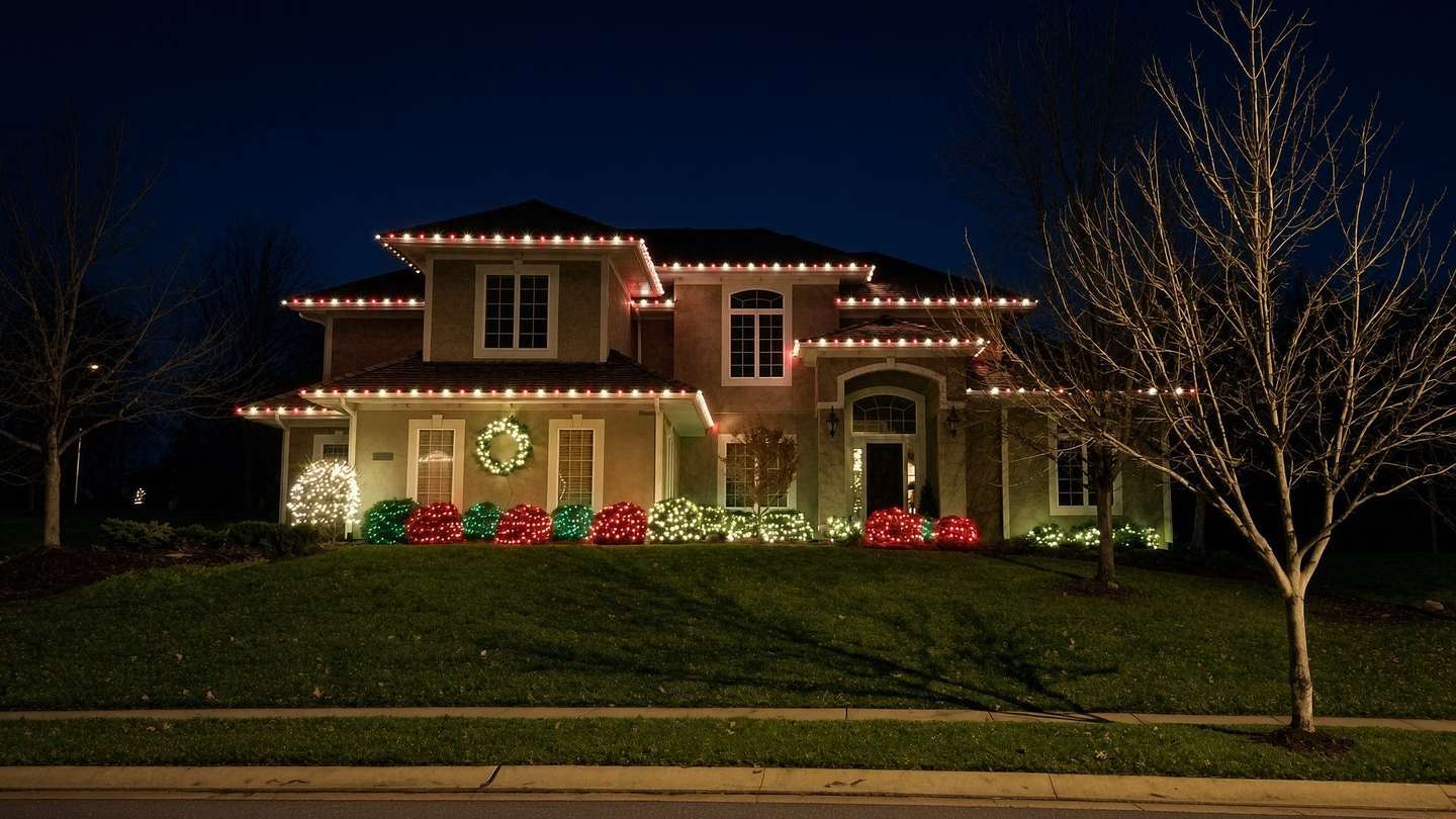 Two-story home at night outlined in warm white roofline lights with red and white accents along the front beds